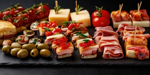 Assortment of Spanish tapas on a black stone plate featuring colorful sandwiches olives sausages and cheese arranged elegantly for appetizing display