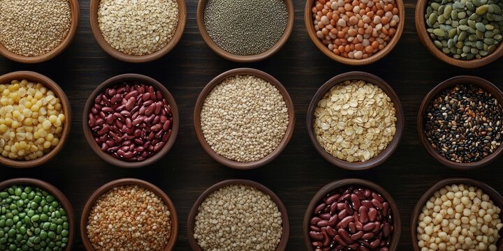 Assortment of healthy grains seeds legumes and beans in rustic bowls top view on dark wooden table emphasizing a nutritious high-fiber diet