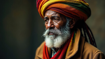 Fototapeta premium Portrait of an elderly man wearing a colorful turban and traditional attire in a serene environment