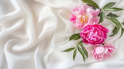 Flat Lay Banner Featuring a Bouquet of Pink Peonies on White Fabric: Spring Greeting Card Design with Copy Space for World Women's Day, Mother's Day, Valentine's Day, Birthday, and Wedding Concepts.