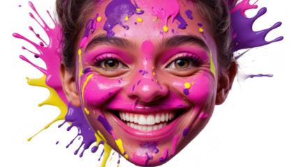A playful cartoon face with an exaggerated smile, gulal splattered in bold, dynamic strokes of neon pink, purple, and yellow, with energetic splashes across the cheeks and forehead, isolated on a whit