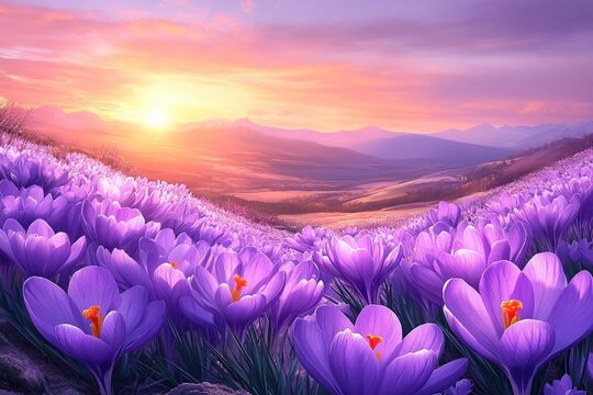 Wild purple crocuse flowers field
