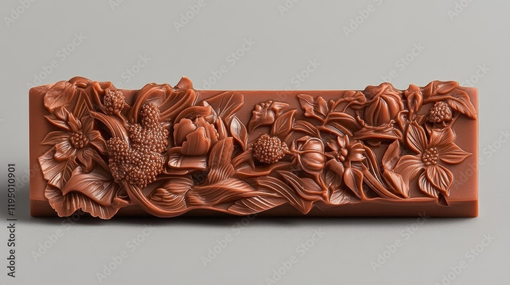 Fototapete chocolate bar in a mold shape with artistic engravings, displayed against a gradient gray background