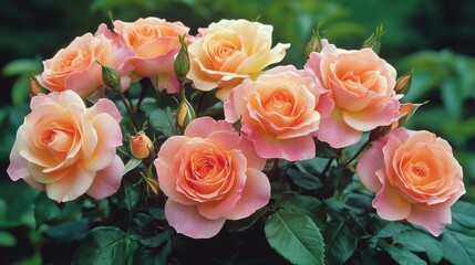 Close-up of pastel roses in a garden setting, surrounded by natural green leaves, ideal for serene compositions, copy space