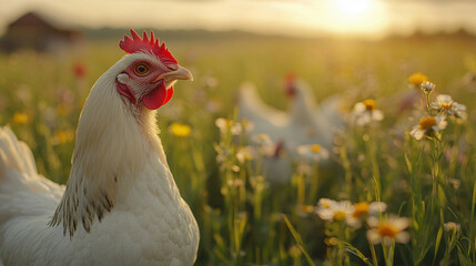 White Hen in a Field of Flowers for Farm and Rustic Nature Themes