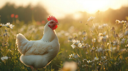 White Hen in a Field of Flowers for Farm and Rustic Nature Themes