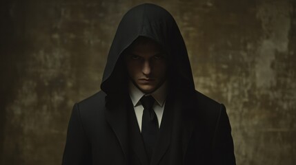 A hooded figure stands in a dark, shadowy indoor location with a mysterious and ominous atmosphere, highlighting the concept of anonymity and secrecy in the modern era.
