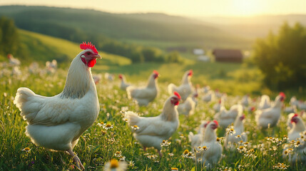 White Hen in a Field of Flowers for Farm and Rustic Nature Themes