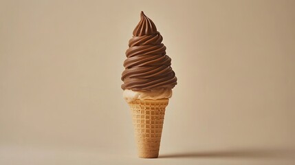 Chocolate ice cream cone with layers of chocolate drizzle, resting on a neutral beige background.