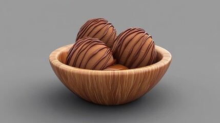 Chocolate ice cream with caramel drizzle served in a wooden bowl, on a textured gray background.