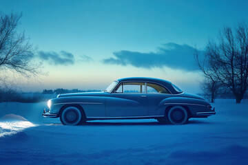 Obraz premium Retro car in a snow-covered landscape, profile view, cold blue lighting with subtle reflections