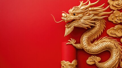 Obraz premium A vibrant golden dragon entwines around a red column, set against a bold red backdrop, symbolizing power, strength, and cultural richness in an Asian-inspired design.