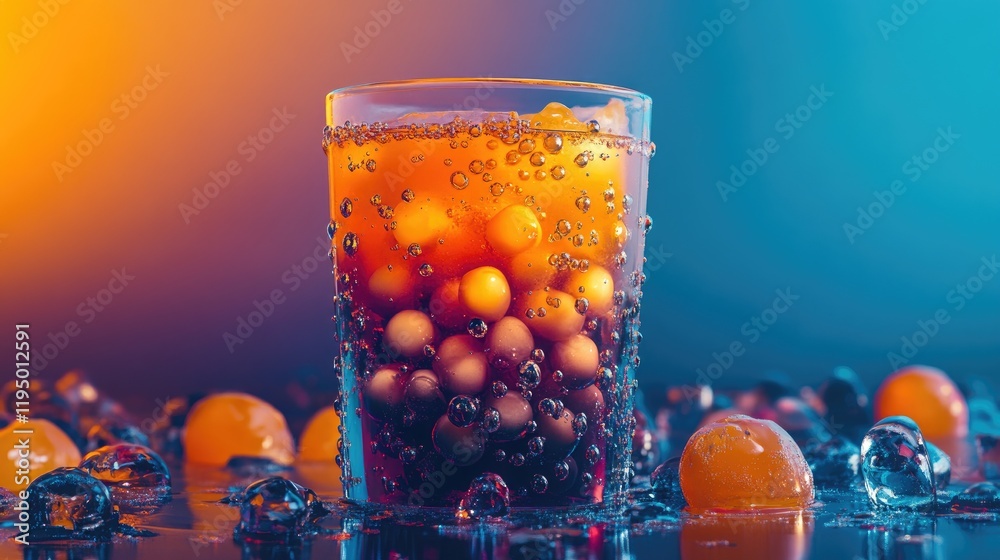Poster a vibrant image of a refreshing caramel bubble tea in a clear cup with tapioca pearls, perfect for a