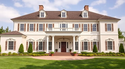 Obraz premium Magnificent Mansion: A Symbol of Classic Elegance and Luxury. This grand residence boasts an impressive facade, meticulously landscaped grounds, and timeless architectural details.