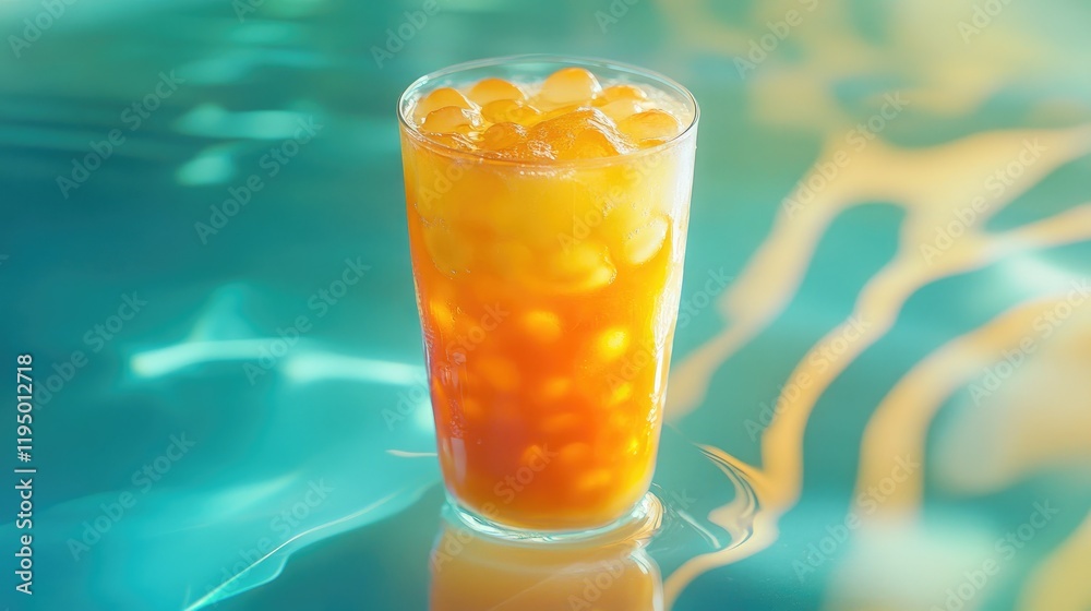 Poster a vibrant image of a refreshing caramel bubble tea in a clear cup with tapioca pearls, perfect for a