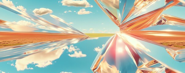 Fototapeta premium Abstract landscape of vibrant colors and distorted perspectives. Sky, clouds, and desert blend in a surreal, artistic vision.