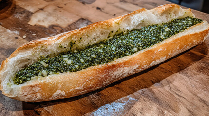 A garlic and basil pesto spread on a fresh, crusty baguette.