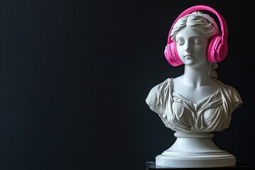 close-up bust of greek antique female statue in large pink headphones on black background with copy space