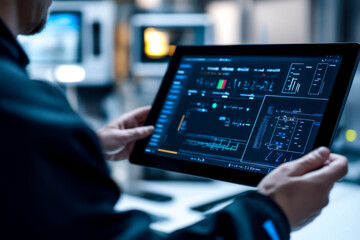 A person analyzes data on a tablet, showcasing a high-tech interface with graphs and metrics in a modern environment.