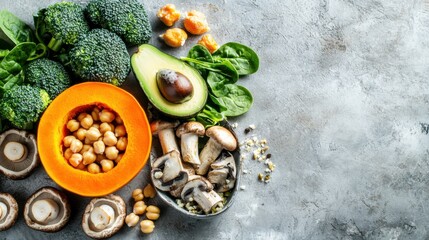 healthy vegan lunch bowl with Avocado, mushrooms, broccoli, spinach, chickpeas, pumpkin on a light background. vegetables salad. Top view.