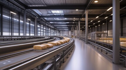 Obraz premium Conveyor system transporting freshly baked goods in a large-scale industrial food processing unit