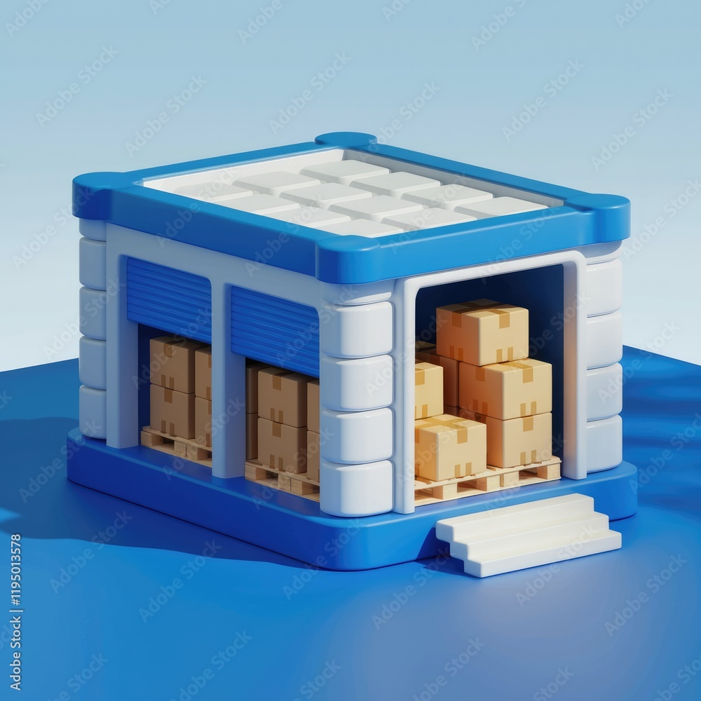 Poster a miniature warehouse with cardboard boxes on pallets, illustrating storage and logistics.