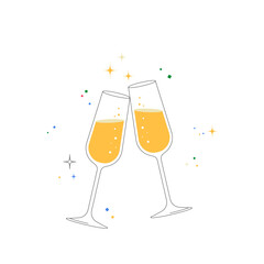 Two Champagne Glasses Clinking With Sparkling Wine In Flat Vector Illustration Symbolizing Celebration, Toast, And Festive Spirit, Isolated On White Background