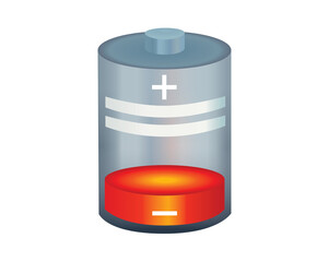 Red cylinder recharging battery cell icon with minimal amount of power remaining