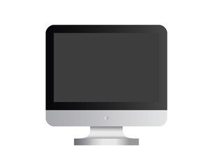 Black and silver desktop personal computer icon in front view, gray device, opened to show a dark screen
