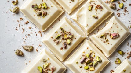 Flat lay of white chocolate pieces topped with pistachios and dried fruit, arranged on a smooth light background.