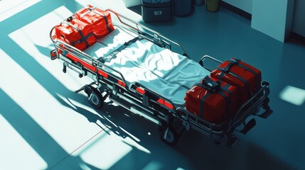 Naklejka premium Empty hospital stretcher with medical bags.
