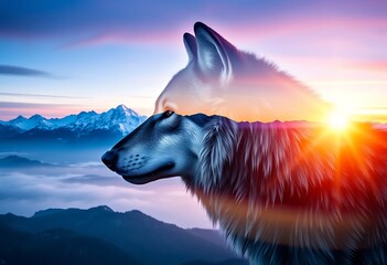 Fototapeta premium Majestic Wolf Silhouette Sunrise Mountain Landscape Art