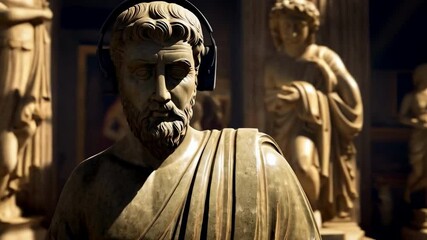 Antique statue wearing headphones, disco Stoic Greek Philosopher Thinking Man - Powered by Adobe