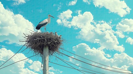 Stork in the nest on a utility pole.