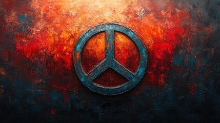 Vibrant Artistic Representation of Peace Symbol Against Abstract Orange and Blue Background, Evoking Feelings of Harmony and Unity in a Dynamic, Colorful Style