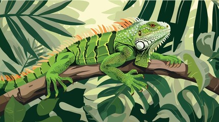 Majestic Green Iguana Crawling on Tropical Rainforest Branch