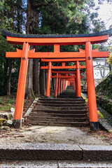 Naklejka premium Red Torii Gate Pathway Leading Upward in Arikoyama Inari Shrine, Izushi, Japan