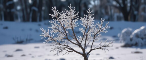 A small tree in bud with delicate ice crystals forming on its branches, green, snow