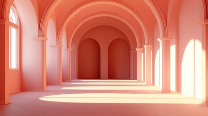 Fototapeta premium Rosy Arches: A serene and minimalist hallway, bathed in soft, warm light. Sunlight streams through the windows, casting a warm glow on the elegant pink arches.