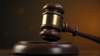 Gavel striking wooden block symbolizes the conclusion of a legal proceeding in a courtroom setting