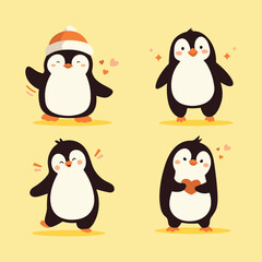 Naklejka premium Cute penguins cartoon icons set. Wild nature little penguin vector illustration isolated on yellow background.
