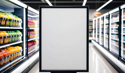 Blank digital signage in supermarket aisle with blurred background.