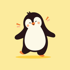 Happy and cute cartoon Penguin, wild animal baby penguin. Wild nature little penguin vector illustration isolated on yellow background.