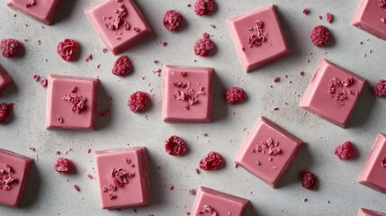Top view of ruby chocolate bars with a sprinkle of freeze-dried raspberries on a textured grey background.