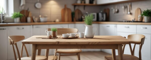 A small wooden table set in the center of a Scandinavian kitchen with a soft focus blur on the surrounding area, blurred background, modern kitchen