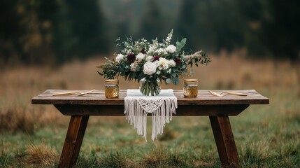 bohemian wedding decor, a charming rustic table set with macram runners, wildflowers in mason jars, and golden cutlery, creating a bohemian spring wedding vibe in an open field