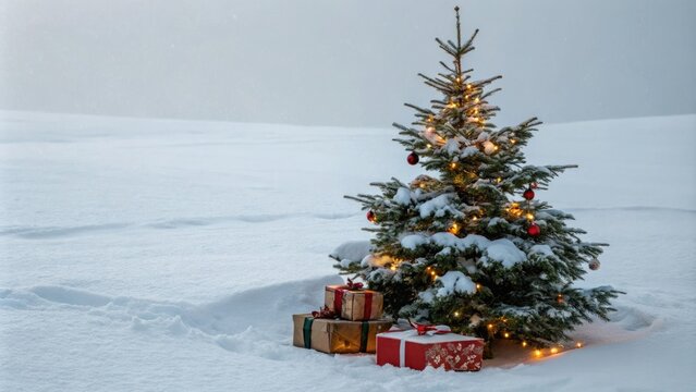 A snow-covered Christmas tree with presents hidden among the branches, holiday cheer, hidden gifts, frosty atmosphere, snowy tree