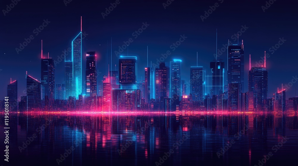 Poster high-tech cityscape with glowing data lines and futuristic architecture, clean layout with copy spac