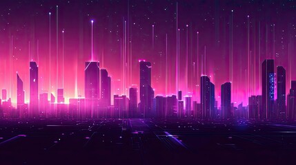 High-tech cityscape with glowing data lines and futuristic architecture, clean layout with copy space