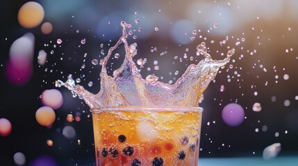A visually exciting scene of a bubble tea splash in a clear cup, with liquid and bubbles bursting out in a dynamic, colorful display.